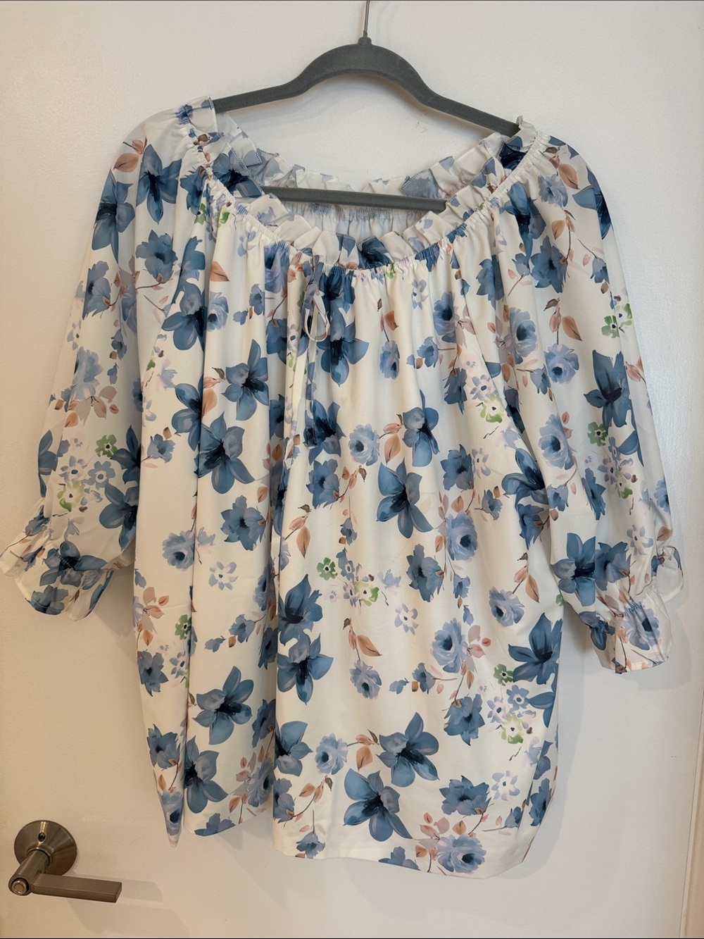 Amazon White Off-Shoulder Blouse with Blue Floral Print